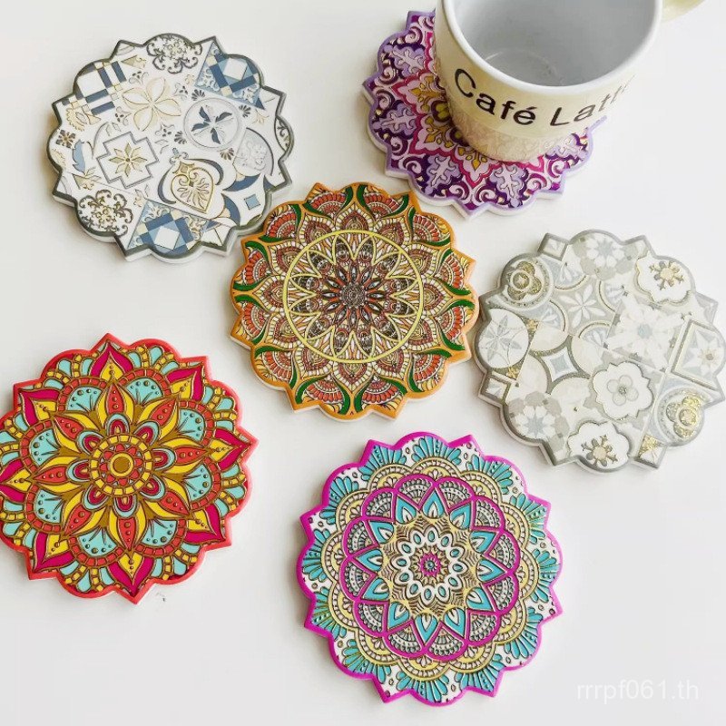 12 ซม.ตกแต่งบ้านสไตล์ชาติพันธุ์ Bohemian Craft Mandala Gilding Placemat Coaster ฉนวนกันความร้อนนูน C
