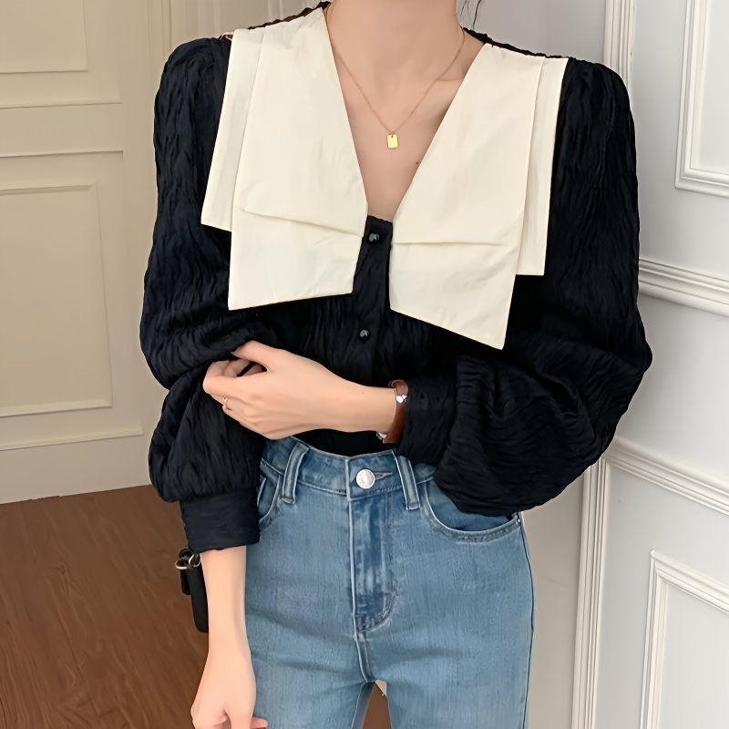 Cuites 💖เสื้อเชิ้ตแขนยาว คอวี ทรงหลวม สีดํา แฟชั่นฤดูใบไม้ผลิ  สไตล์ฝรั่งเศส แฟชั่นเรโทร  99078