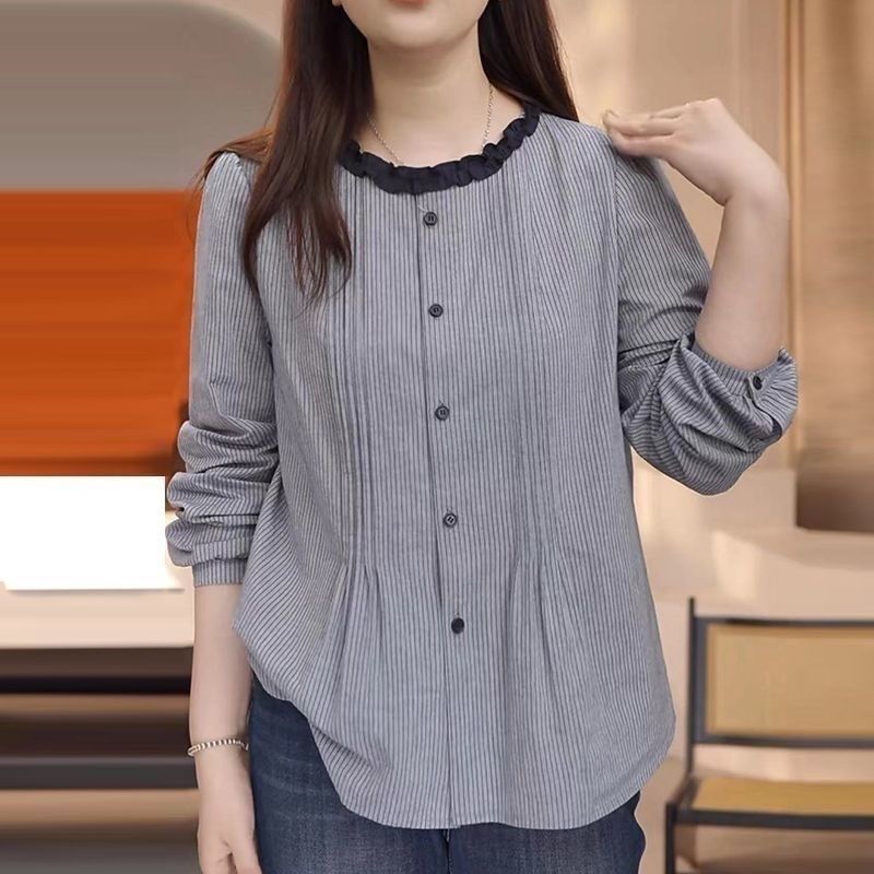 เสื้อแขนยาวผู้หญิง ผ้าฝ้ายแท้ ลายลูกไม้รอบคอลุคหลวม สบายในสไตล์ฤดูใบไม้ร่วงปี 2025