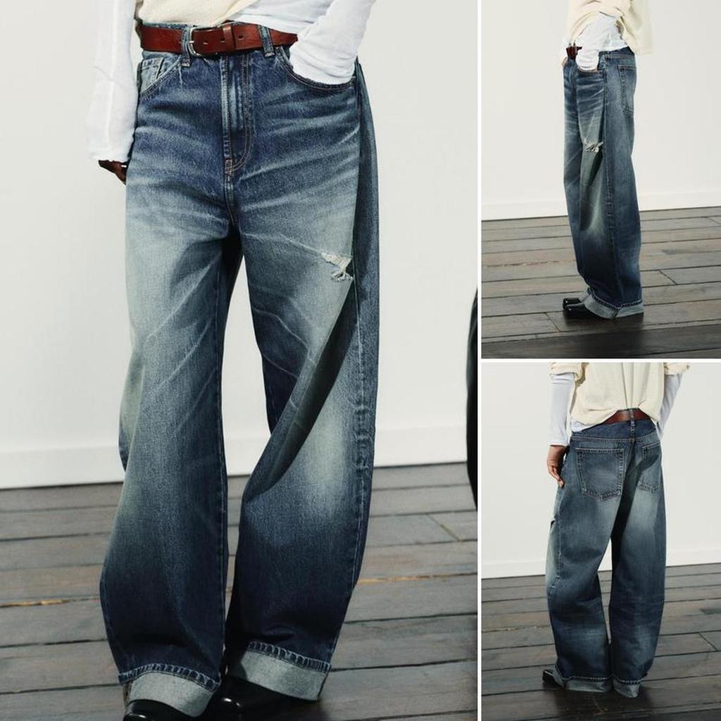 ZA Early Autumn Lazy Style Mid-Waist Loose Curling Ripped Detail Jeans4365236