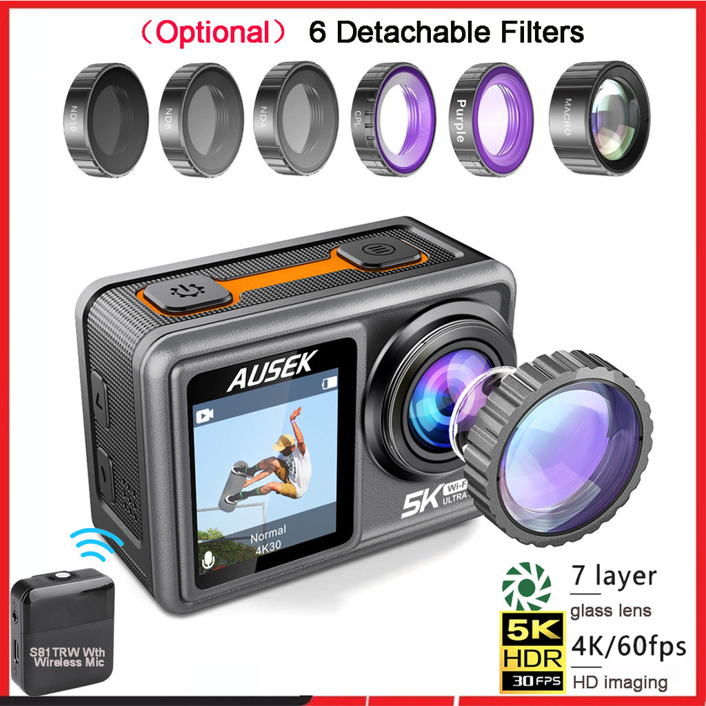 กล้องแอคชั่นแคมเมรา 5K 4K60FPS 48MP EIS DVR Webcam 2 "IPS Dual Screen ตัวเลือก 6 ตัวกรองไมโครโฟนไร้ส