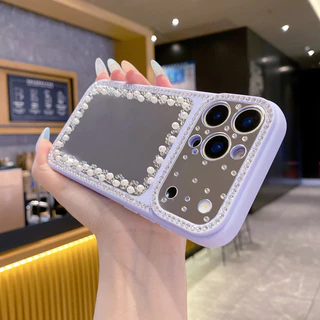 พรีเมี่ยมDrop-resistant Scratch-proof Liquid Soft Edge Glitterเพชรกระจกเคสโทรศัพท์สําหรับiPhone 11 12 13 14 15 16 17 Pro Max