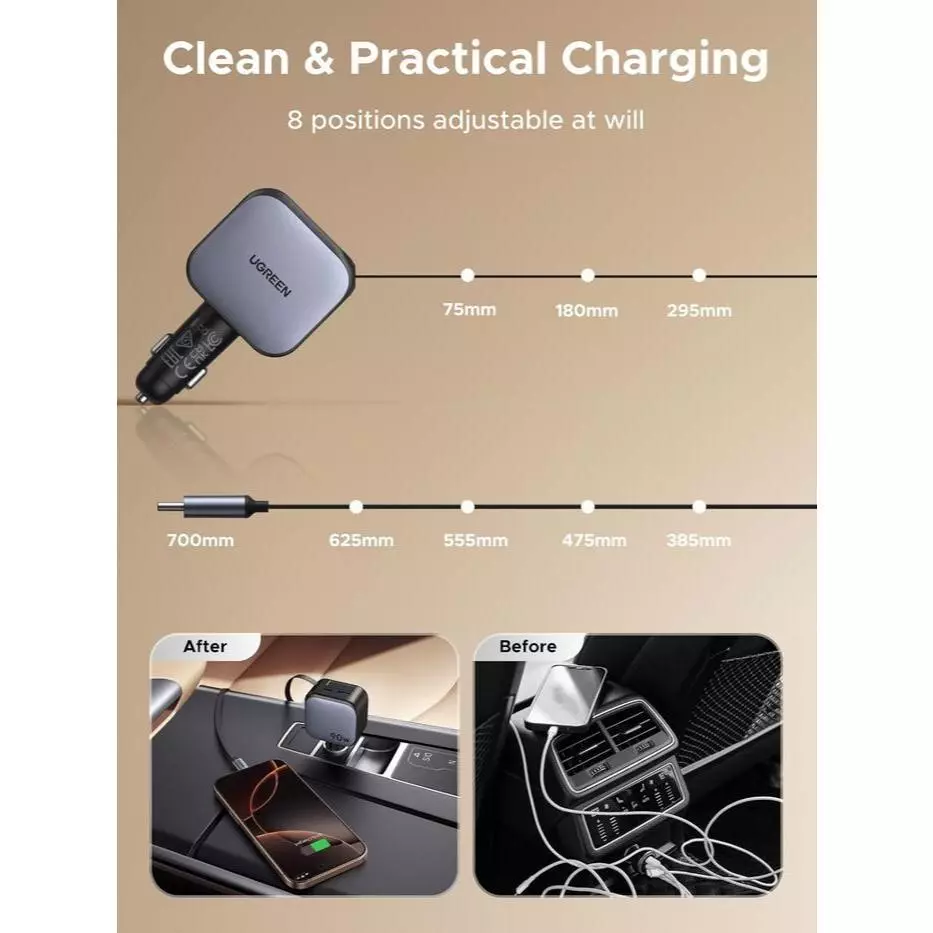 UGREEN Car Charger Type C Retractable Fast Charging 60w 75w 90w thumbnail 4