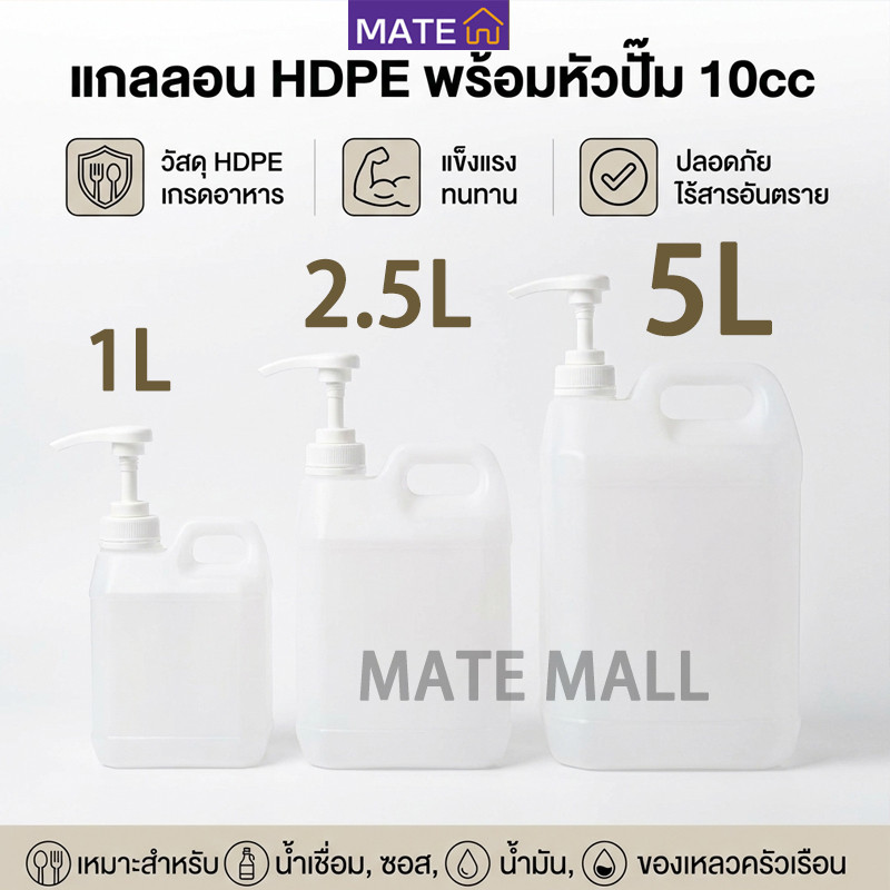 แกลลอนพลาสติกสีขาว มาตรฐานอาหาร ฝาสีขาวมีจุกใน ขนาด1ลิตร 2.5ลิตร 5ลิตร มาพร้อมปั๊มจ่ายปริมาณ10ซีซี