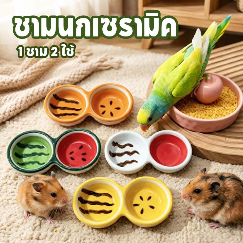 ถ้วยอาหารแฮมเตอร์ ชามนกเซรามิค 2ช่อง ชามอาหารรแฮมเตอร์ รูปร่างผลไม้น่ารัก จานชามเซรามิค