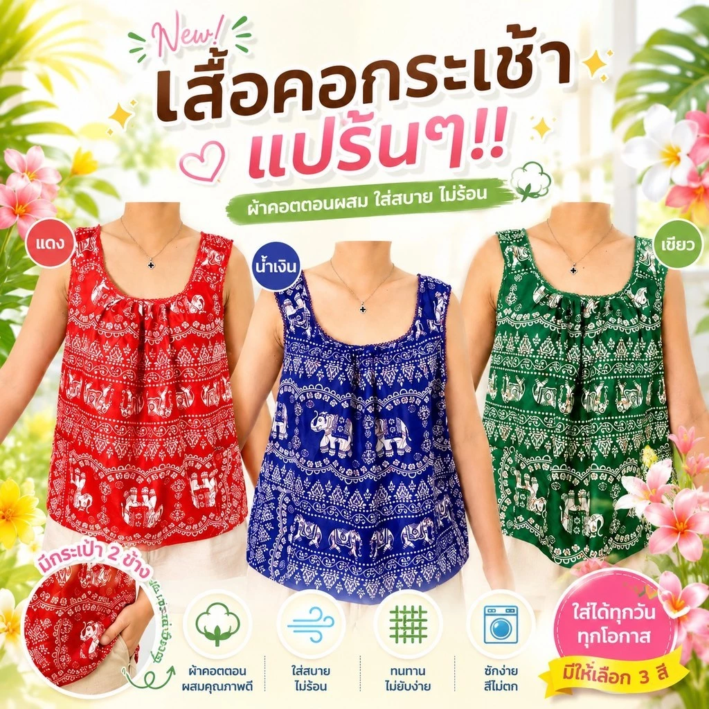 เสื้อคอกระเช้า แบบคอถัก ลายช้าง ผ้าคอตตอน มีกระเป๋า 2 ข้าง 1 ข้างมีซิป ใส่สบาย คอพวง ไม่ร้อน G01