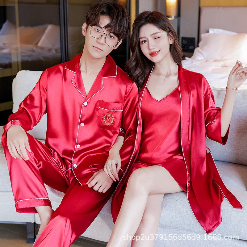 现货热卖睡衣结婚新婚情侣套装红色冰丝绸男款女士夏季欧式情侣睡衣春秋款Pajamas Wedding Newlywed Couple Set Red Ice Silk20260704