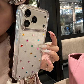 น่ารักครีมหมี17 สำหรับ IPhone XR 17 16 Air 15 12 13 11 14 Pro Max X XS 7 8 Plus เคสใส แป้งกลิตเตอร์ดาวหลากสีสุดอินเทรนด์