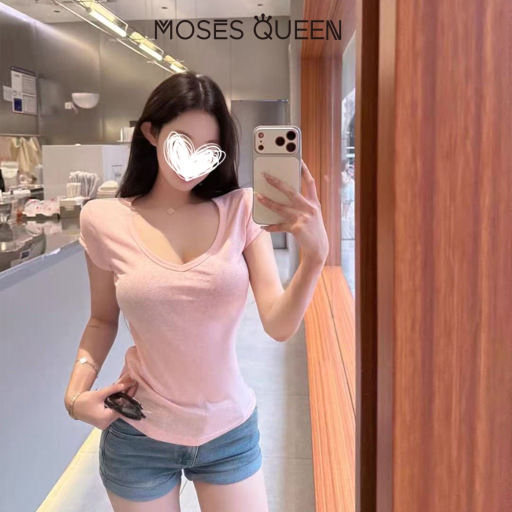 MOSESQUEEN Pure desire breeze เสื้อยืดแขนสั้นคอวีสีขาวสําหรับผู้หญิงเสื้อพื้นฐานทรงเข้ารูปและน้ําหนักเบาสําหรับฤดูร้อนเหมาะกับทุกสไตล์อินเทรนด์และใช้งานได้หลากหลาย #63943