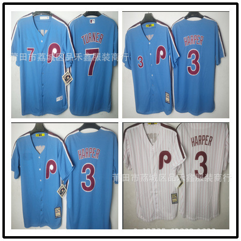 จัดส่งในวันเดียวกัน!!ชุดเบสบอล Phillies Phillies No. 3 HARPER Retro Blue Uniform Training Uniform