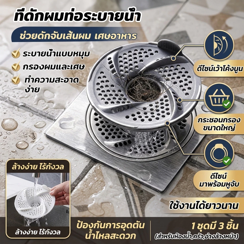 ตะแกรงสแตนเลส กันกลิ่น+ป้องกันแมลงออกแบบกันอุดตัน+ที่เก็บผม ระบบไหลเวียน3ชั้น