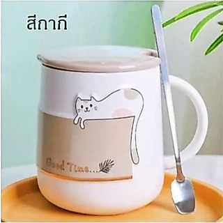 แก้วเซรามิก เซรามิก ฝาปิดเเถมช้อน ชุดแก้วกาแฟรูปแมวน่ารัก