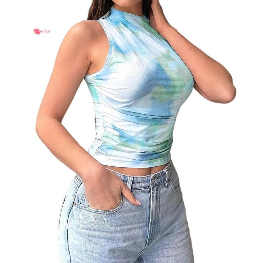 georg33Womens ฤดูร้อนดอกไม้ตาข่ายแขนกุดคอสูง Ruched Slim Fit Casual Tank Top Going Out Tops Blue & G