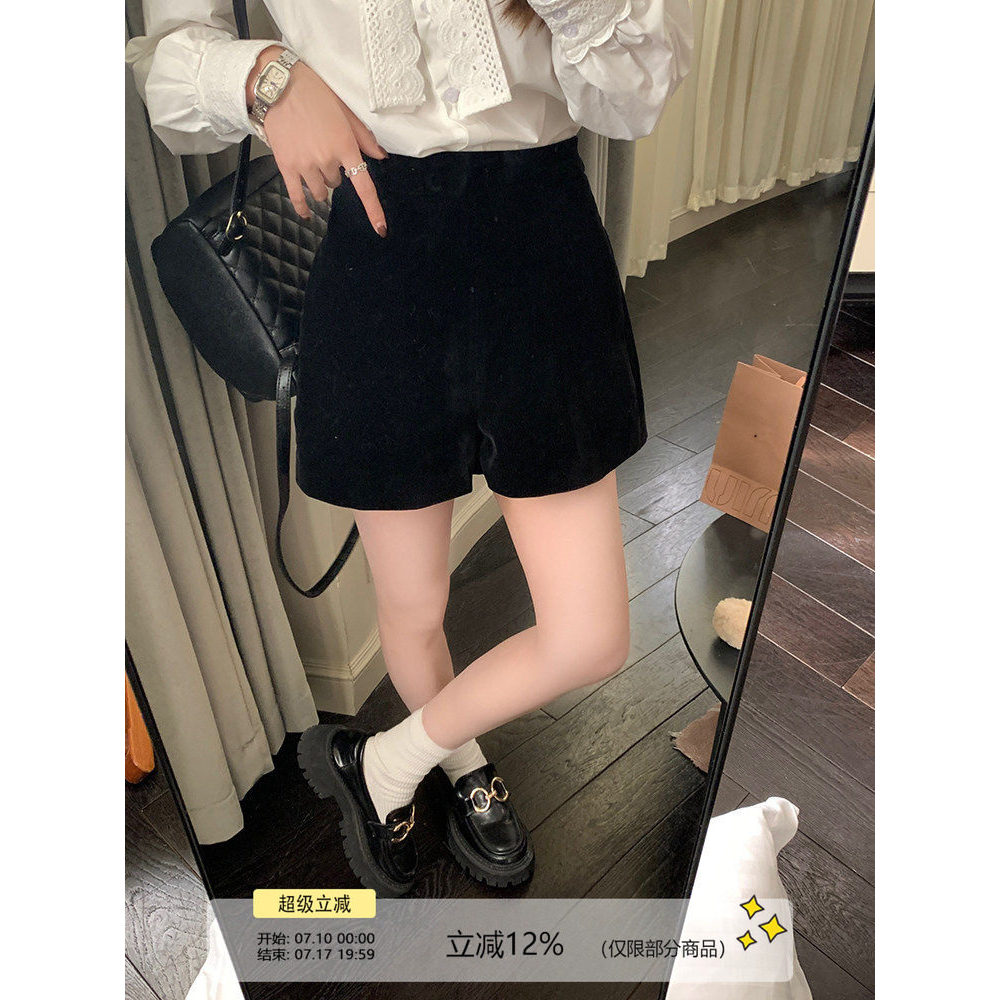 Wu 77 กํามะหยี่สีดํากางเกงขาสั้นผู้หญิงสวมใส่ด้านนอกAll-MatchเอวสูงSlimmerดูปกเนื้อขนาดเล็กA-Lineสบา