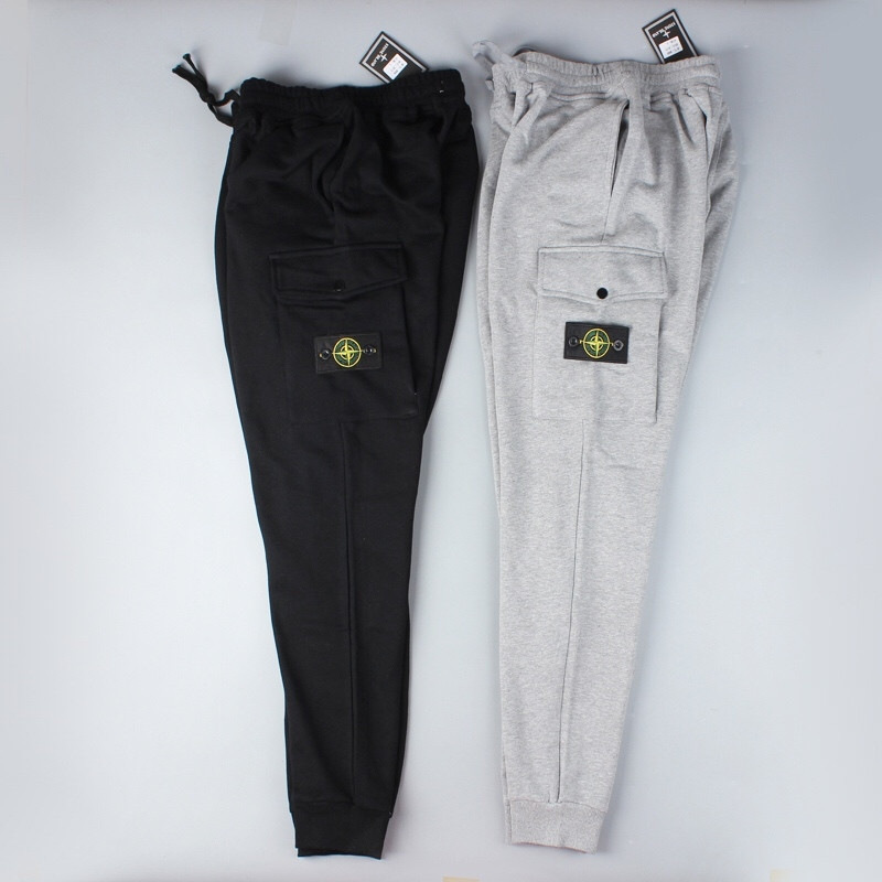 STONE ISLAND หินเกาะพื้นฐานป้ายด้านข้างหลายกระเป๋าผ้าฝ้ายผูกขากางเกงหลวม