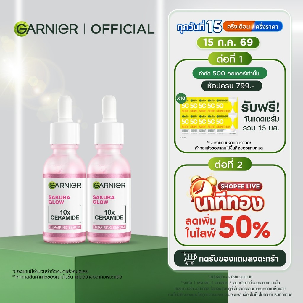 การ์นิเย่ ซากุระ โกลว์ ไฮยาลูรอน บูสเตอร์ เซรั่มไฮยา 30มล แพ็ค2 GARNIER SAKURA GLOW HYALURON SERUM 30ML X2 เซรั่มหน้าใส