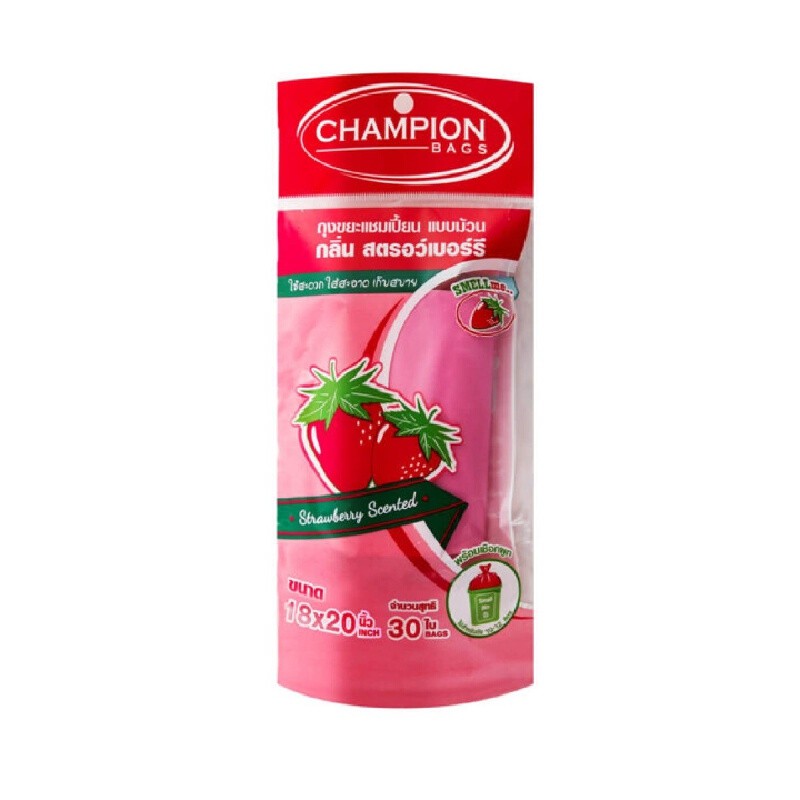 CHAMPION ถุงขยะม้วน กลิ่นสตรอเบอรี่ สีชมพู ขนาด 18x20 นิ้ว (แพ็ค 30 ใบ)