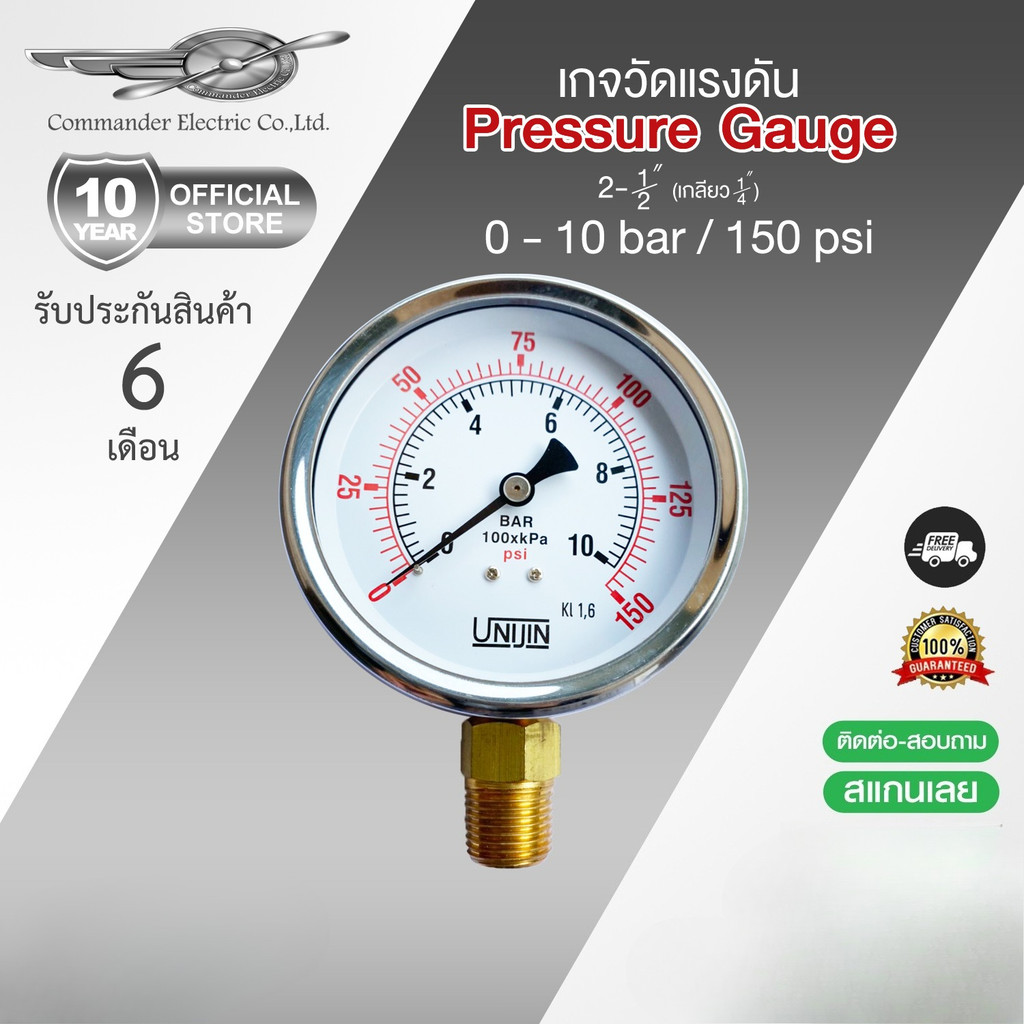 เกจวัดแรงดัน 0-140 PSI 10 bar หน้าปัด 2.5 นิ้ว เกลียวล่าง 1/4 นิ้ว แบบไม่มีน้ำมัน