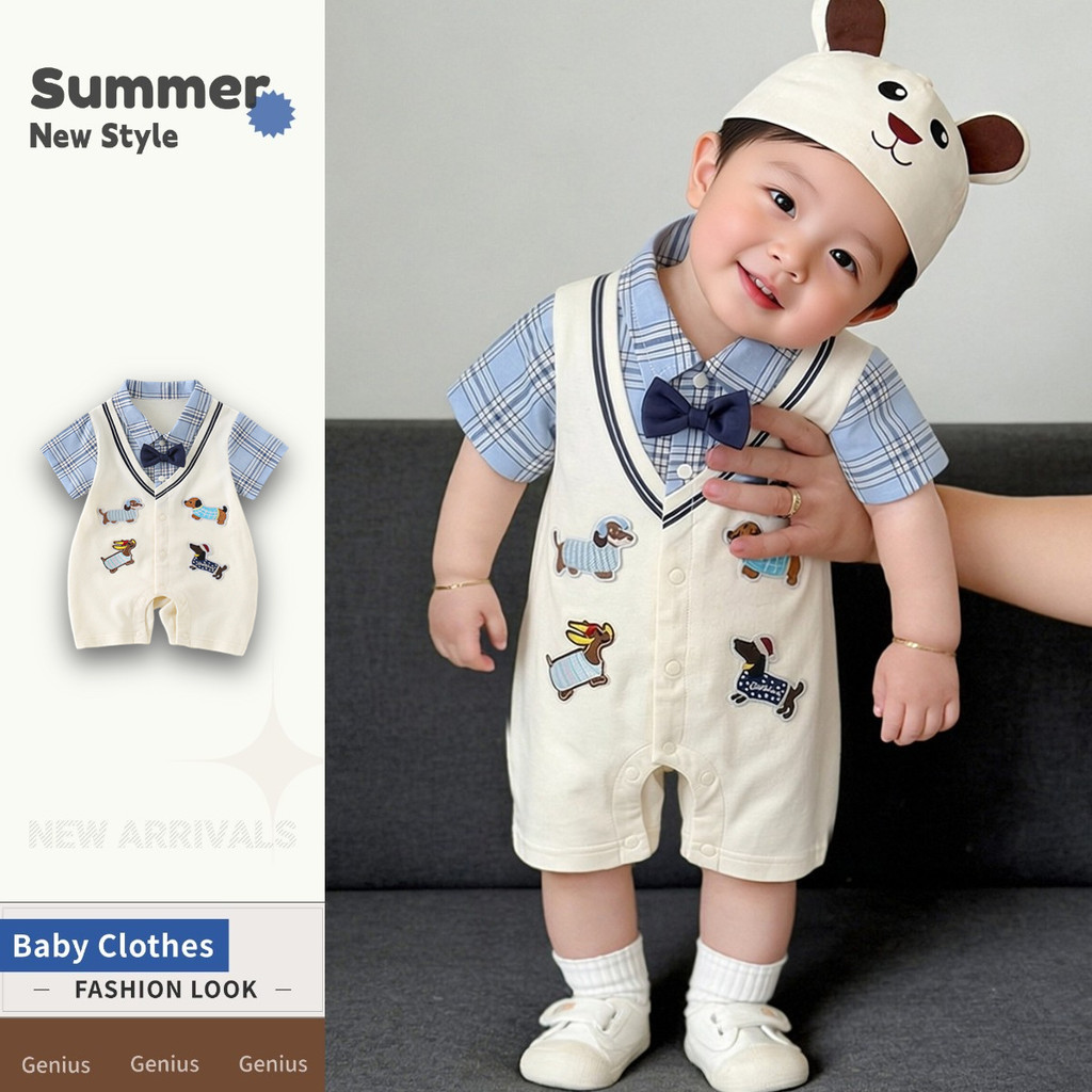 ฤดูร้อนใหม่เสื้อผ้าเด็กทารกชุดบอดี้สูทแขนสั้นพร้อมหมวกและถุงเท้า 0-24 เดือนนุ่มสบายสุดน่ารักเจี๊ยบ ชุดรอมเปอร์ สไตล์เกาหลี