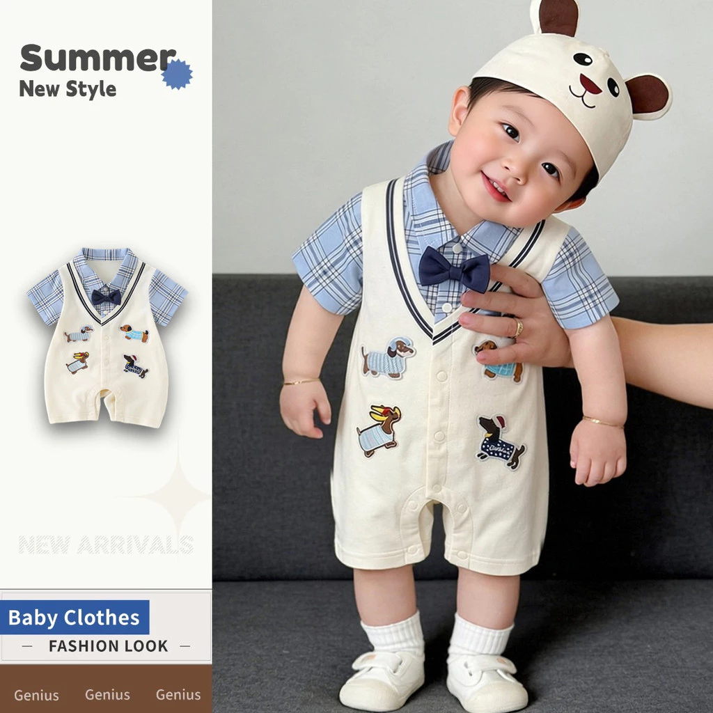 ฤดูร้อนใหม่เสื้อผ้าเด็กชายและหญิงผ้าฝ้ายแขนสั้นบอดี้สูท 0-24 เดือนเด็ก สุด ๆ หล่อสุดน่ารักการ์ตูนลูกสุนัขประกบออกแบบวิทยาลัยสไตล์ ชุดรอมเปอร์