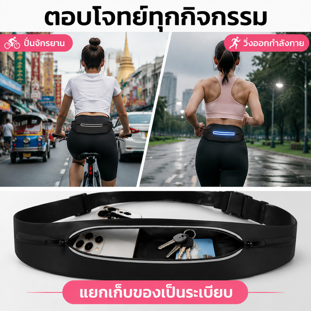 กระเป๋าคาดเอวออกกำลังกายสีดำทรงเพรียวบาง รูปที่ 7