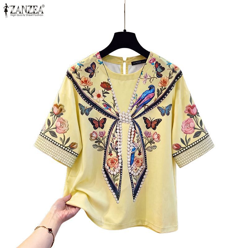 ZANZEA ผู้หญิงเกาหลี Luxe Oriental Aesthetics ลูกเรือคอครึ่งแขนที่ละเอียดอ่อนดอกไม้ Butterfies พิมพ์
