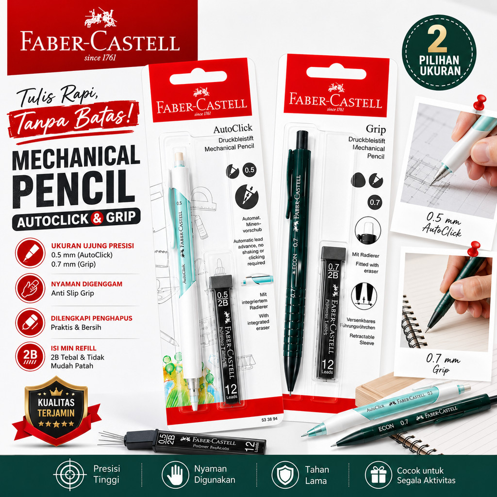 MERAH Faber Castell ดินสอกดเติมตะกั่ว 2B AutoClick Grip 0.5 0.7 ดินสอกด Original Integrated Eraser C