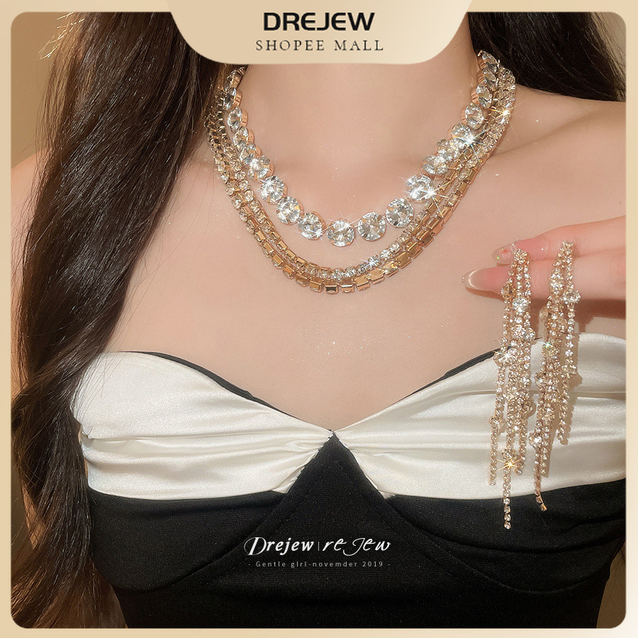 Dreejew Multi Layer Cubic Zirconia Choker และพู่ต่างหูชุดน้ําหนักเบา Elegant ปรับออกแบบสําหรับผู้หญิงเหมาะสําหรับสวมใส่ทุกวันและสไตล์จัดเลี้ยงชุด