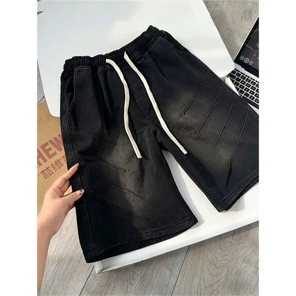 BOYUE BOYUE American vibe Drawstring Denim Shorts Youth Casual Washed Simple Fashion Five-point Pant