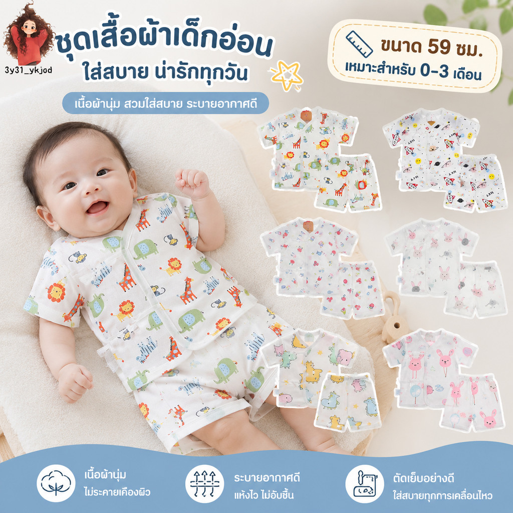 ของใช้สำหรับเด็ 0-3 เดือน เดือน ผลิตจากผ้าฝ้าย 100% ชุดเซ็ตเด็กทารกแรกเกิดแบบผูกเชือกลายน่ารัก เสื้อผ้าเด็กอ่อน