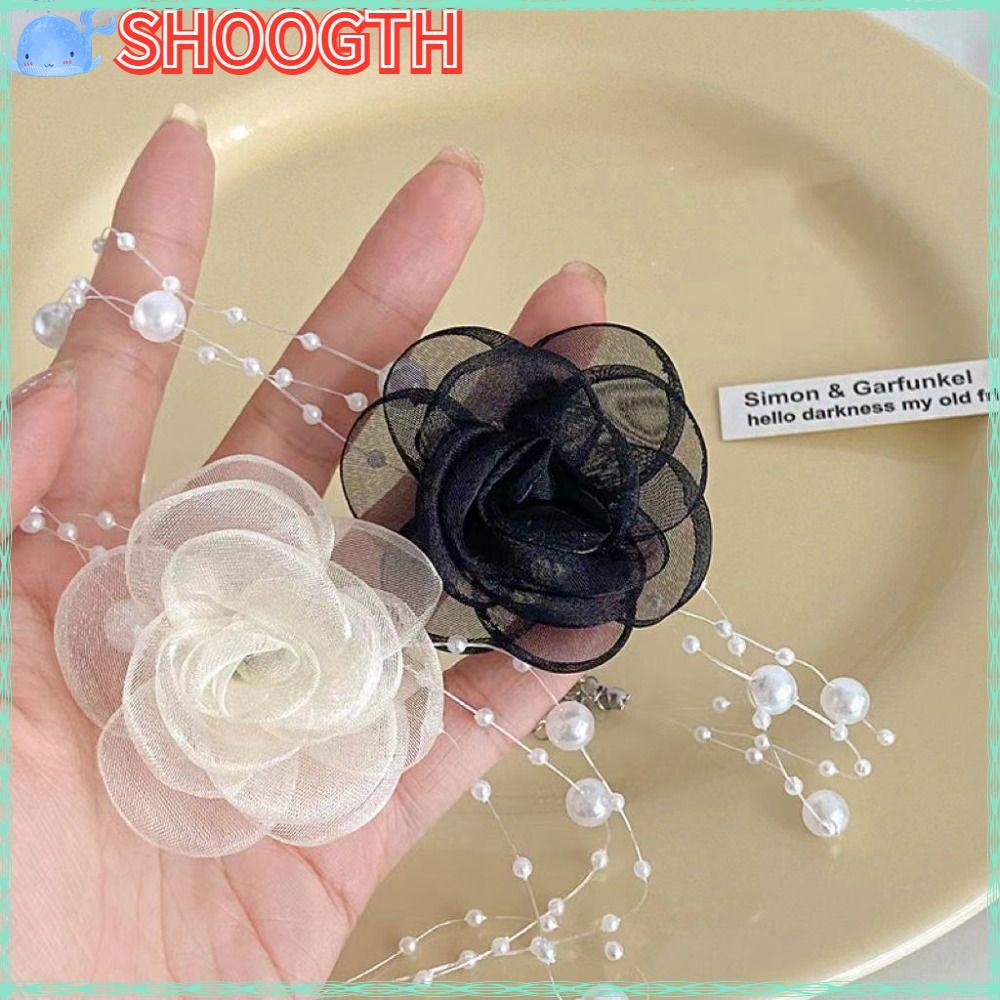 SHOOGTH Rose Flower Choker, Gauze Pearls Rose Choker สร้อยคอ, Vintage คออุปกรณ์เสริมสีดําสีขาวปรับ C