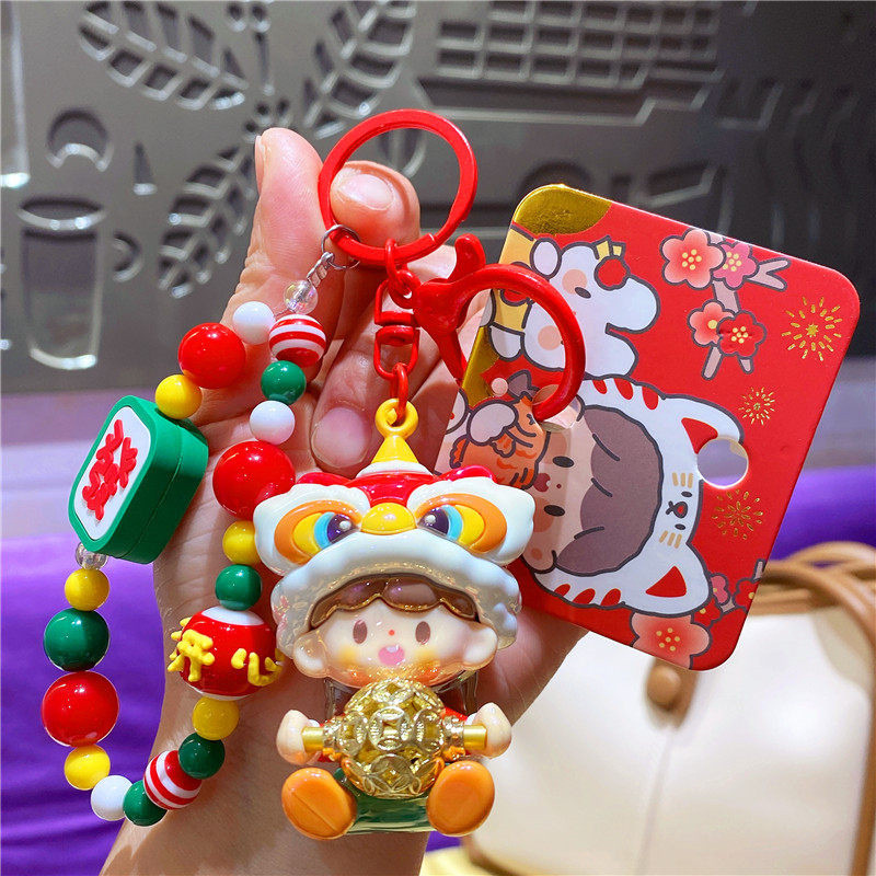 ของแท้ Zhuodawang Good Lion Chain พวงกุญแจลูกปัดจี้งานรื่นเริงสไตล์แห่งชาติตุ๊กตากระเป๋าเครื่องประดั
