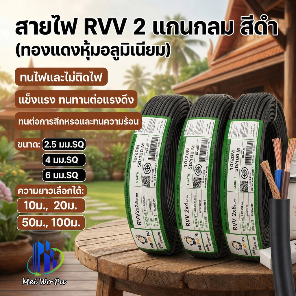 สายไฟกลมสีดำ RVV 2 แกน ขนาด 2.5/4/6 มม. SQ กันแดด ทนความเย็นจัด ทนอุณหภูมิสูง ความยาว 20/50/100 เมตร