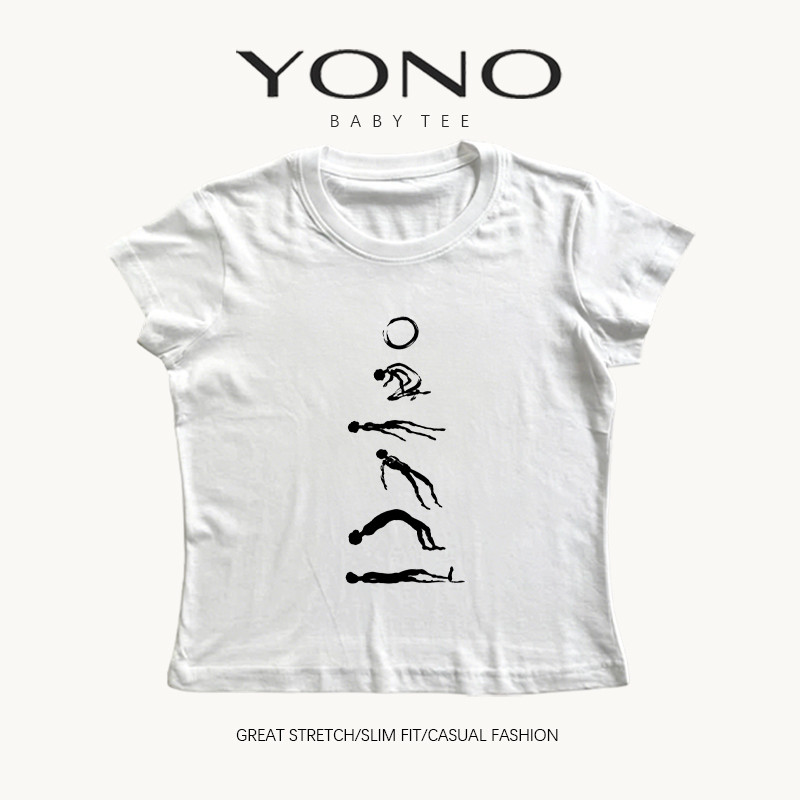 (พร้อมส่ง24ชม.) YONO baby tee สีขาว ลายท่าโยคะสีดำ ทรงเข้ารูป สไตล์มินิมอลเกาหลี