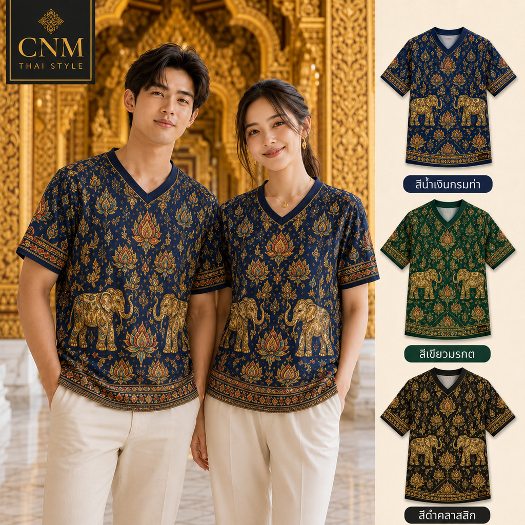 เสื้อคู่แฟชั่นไทย CNM ลายช้างคู่ดอกบัว คอวีแขนสั้น ผ้านุ่มเบา ระบายอากาศ ใส่ทำบุญ เที่ยววัด งานเทศกาล สีกรม เขียว ดำ