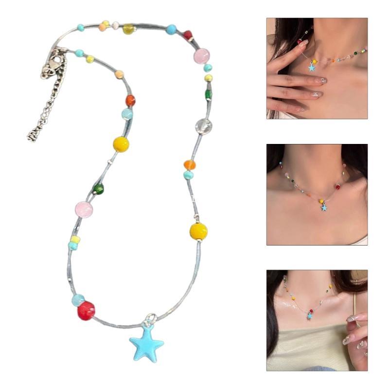 MT สร้อยคอปาร์ตี้ สีสัน Star Beaded จี้ Clavicle Chain Delicate Star Collar