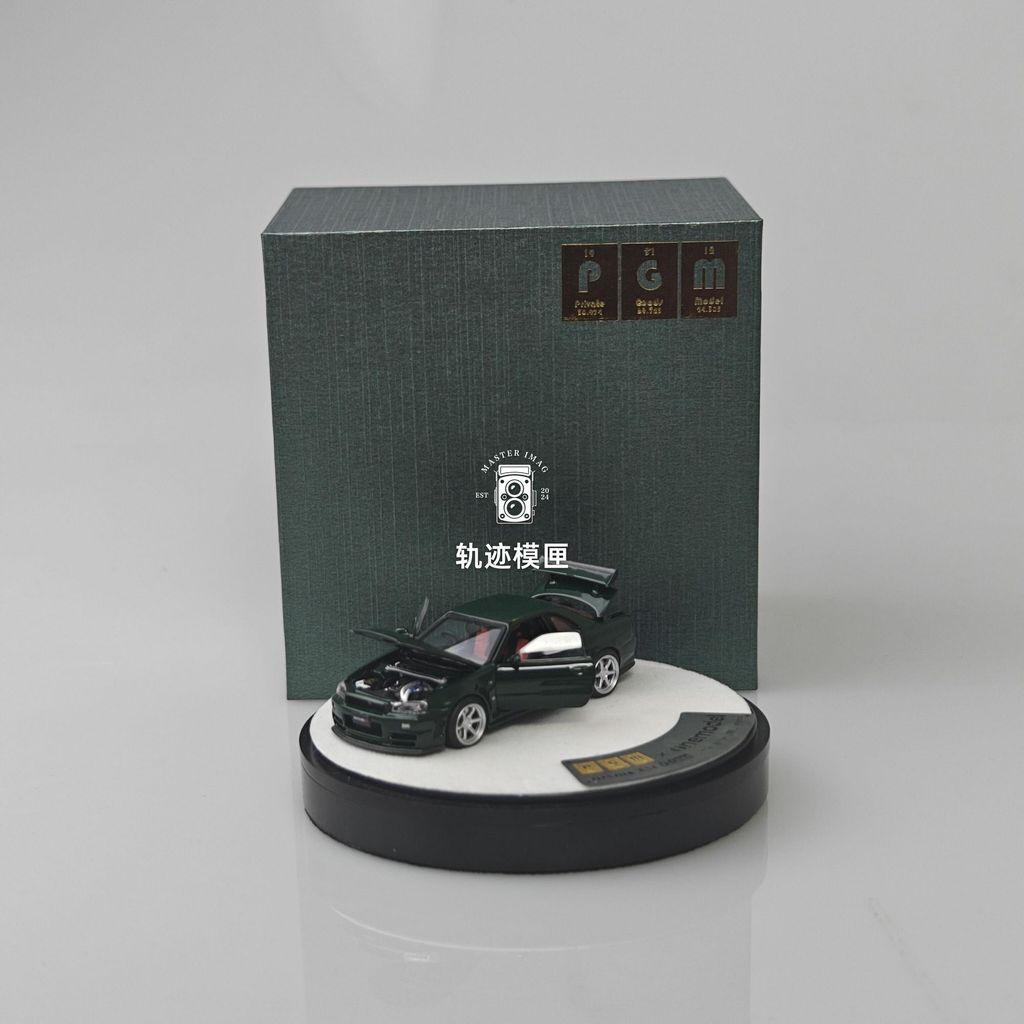 PGM 1: 64 Nissan Nissan GTR R34 Z-TUNE British Green Alloy Full Open รถจําลองรุ่น