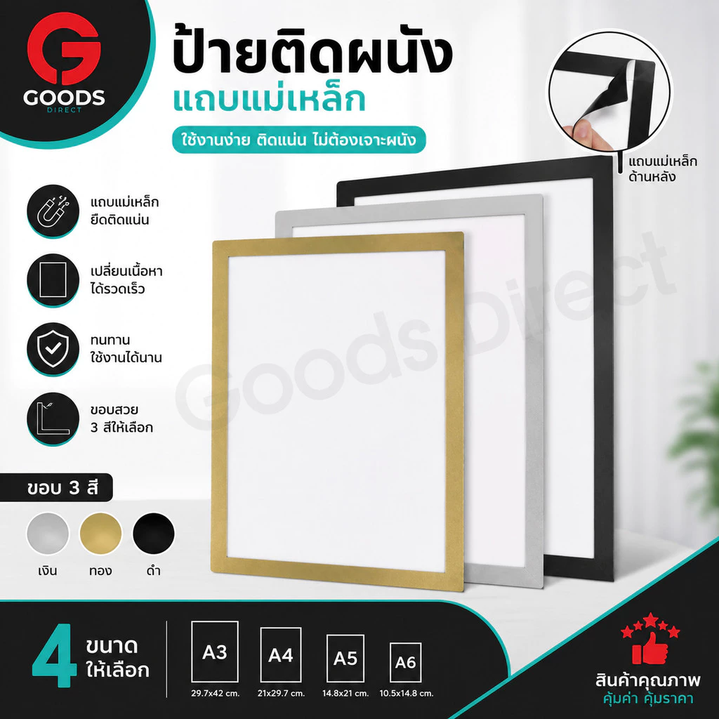 ป้ายติดผนัง ป้ายแม่เหล็กติดผนัง กรอบป้ายประกาศติดผนัง ซองใส่เอกสารติดผนัง ขอบแม่เหล็ก ขนาด A3-A6 แบบไม่เจาะผนัง