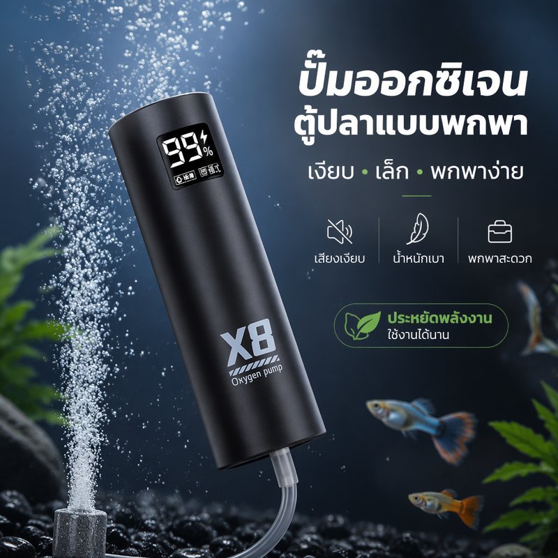 ปั๊มลมออกซิเจนปลา แบบพกพา ชาร์จ Type C เงียบ น้ำหนักเบา สำหรับตู้ปลา ตกปลา บ่อปลา