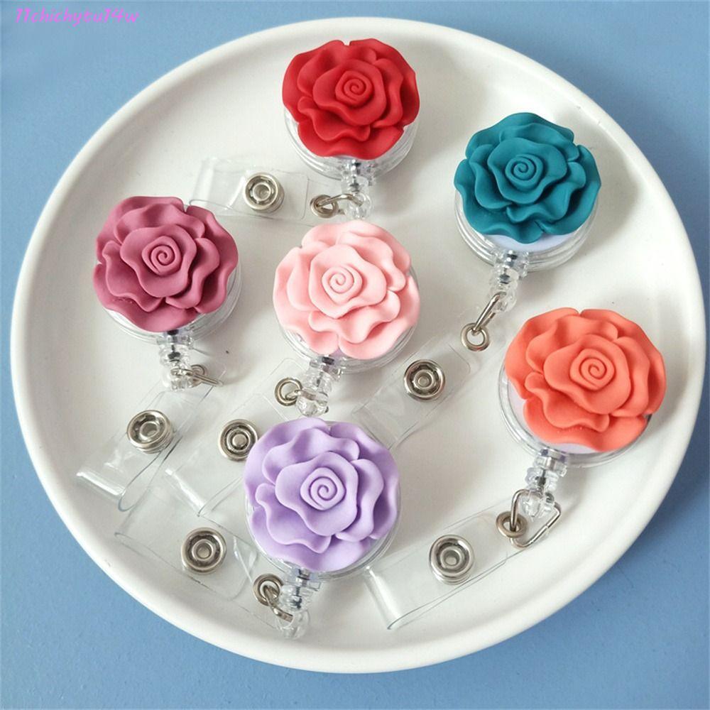 CHICHYTU14W พยาบาลป้าย Reel, Bow Flower 3D Flora Retractable Badge Holder, Badge Cilp ID Card Work C