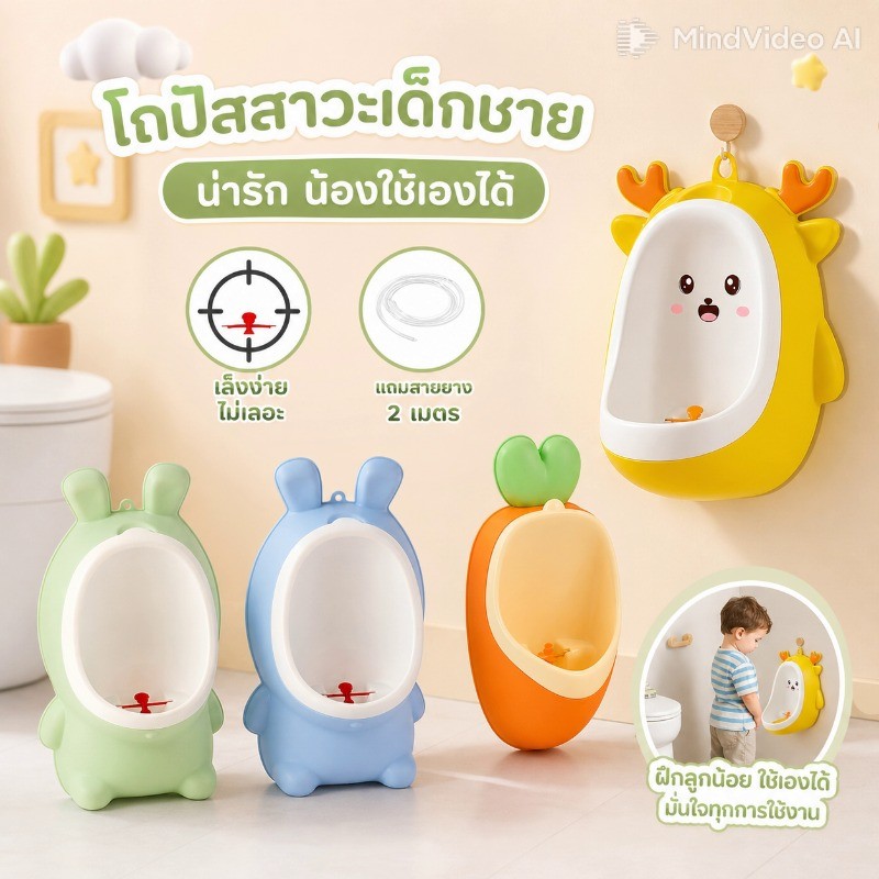 โถฉี่เด็กชาย ติดผนัง ตั้งพื้น ท่อระบายน้ำ ยาว 2 เมตร ถอดล้างง่าย ความจุ 500 มิลลิลิตร กังหันหมุน