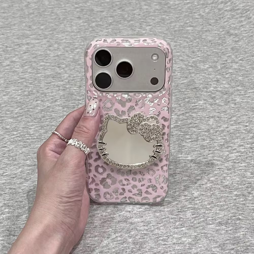 สีชมพูเงินเสือดาว soft tpu เคสโทรศัพท์สําหรับ Iphone 17promax 16 15 14 plus 13 12 11 xsmax XR X XS สาวสวย CAT เพชรกระจกขาตั้งกันกระแทก
