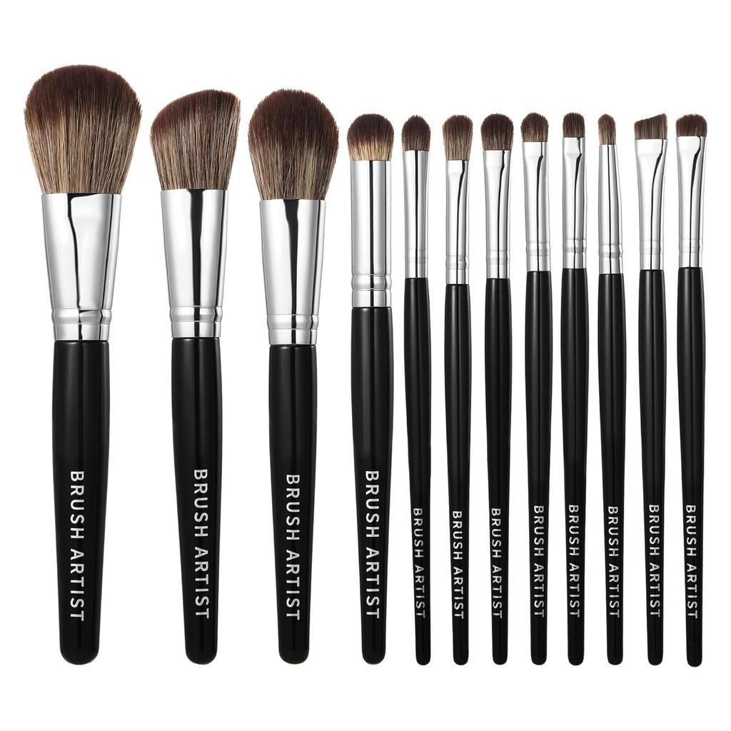 12 ชิ้น ชุดแปรงแต่งหน้าสีดําสีเงินสังเคราะห์พรีเมี่ยม: ฟองน้ํารองพื้น, แป้งทาหน้า, รูปร่าง, บลัชออน,