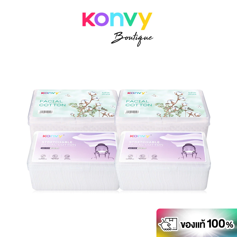 Konvy Facial Cotton [150pcs x 2 Packs] + Konvy Stretchable Facial Cotton [220pcs x 2 Packs].