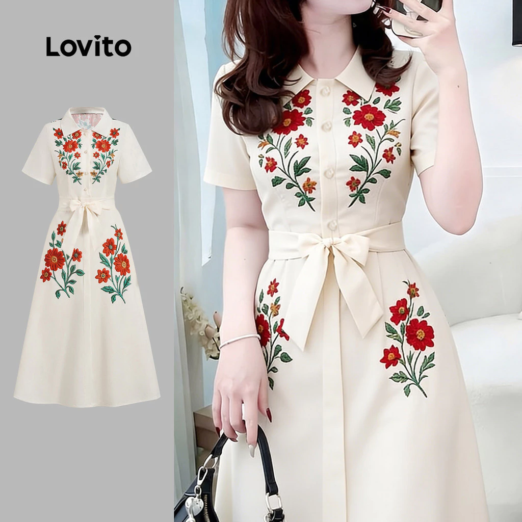 Lovito เดรสฤดูร้อน/ฤดูใบไม้ผลิแบบกระดุมหน้าพร้อมเข็มขัดสําหรับผู้หญิง ใส่ลําลอง LBL35119