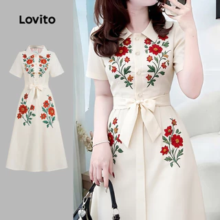 Lovito เดรสฤดูร้อน/ฤดูใบไม้ผลิแบบกระดุมหน้าพร้อมเข็มขัดสําหรับผู้หญิง ใส่ลําลอง LBL35119