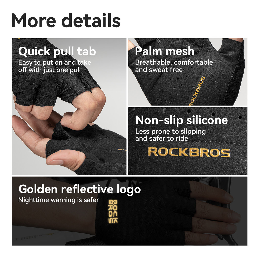 ROCKBROS ถุงมือจักรยาน ครึ่งข้อ โลโก้ทอง ซับแรงกระแทก SBR ผ้ายืดหยุ่น ไร้รอยต่อ เบาสบาย ออกกำลังกาย ฟิตเนส — صورة 3