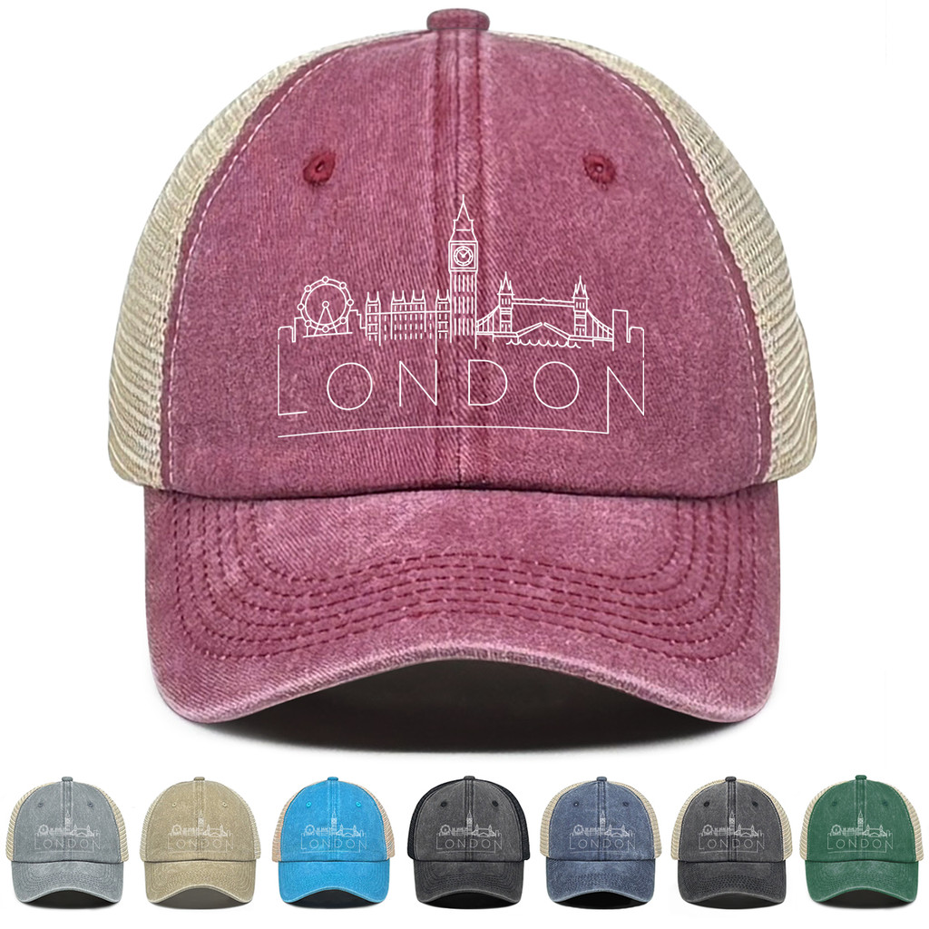 London Big Ben Tower Bridge London Eye พิมพ์ Trucker หมวกปรับ Breathable ตาข่ายพ่อหมวกสําหรับขี่จักร