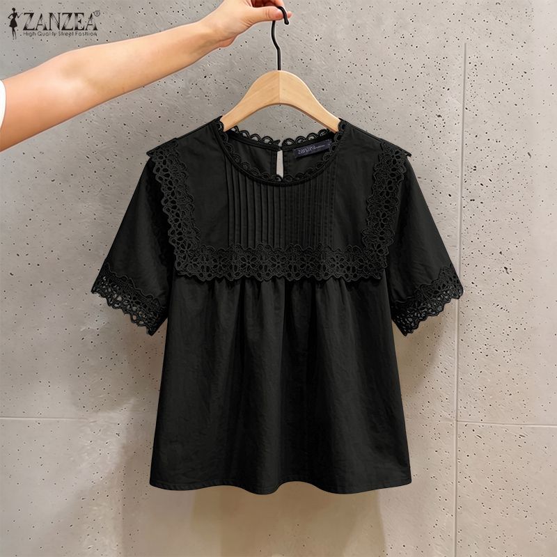 ZANZEA ผู้หญิงเกาหลีประณีต Chic รอบคอแขนสั้นลูกไม้ Patchwork Pleats ธรรมดาเสื้อ — صورة 4