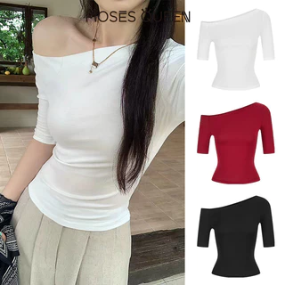 MOSESQUEEN โมเสสควีน เสื้อยืดแขนสั้นไม่มีแขนสําหรับผู้หญิงในฤดูร้อนที่มีความยาวกลางขนาดห้านิ้วเปิดไหล่และเสื้อท็อปครึ่งแขนที่ติดตั้ง #63966